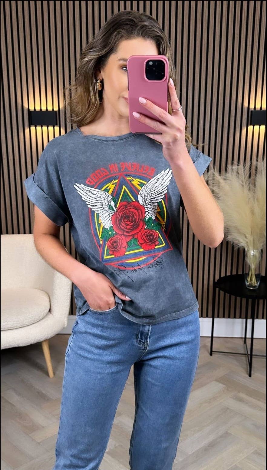 15131 T-shirt de algodão com estampa desbotada tamanho único  : Corada / Tamanho único