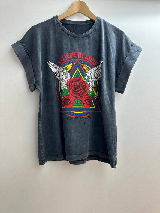 15131 T-shirt de algodão com estampa desbotada tamanho único  : Corada / Tamanho único