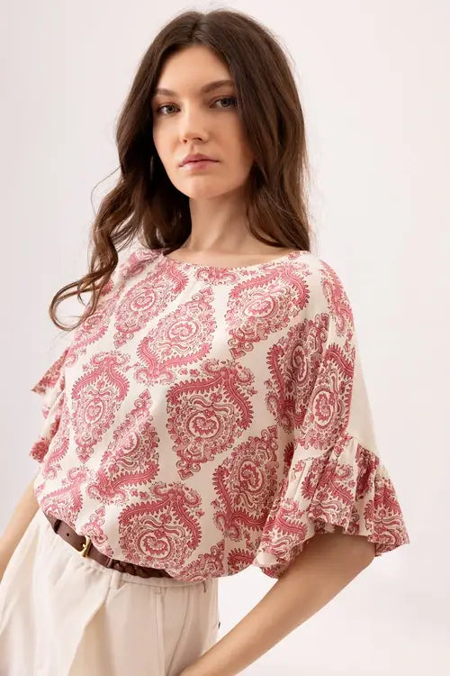 T-shirt estampada com folhos (454247-188): M