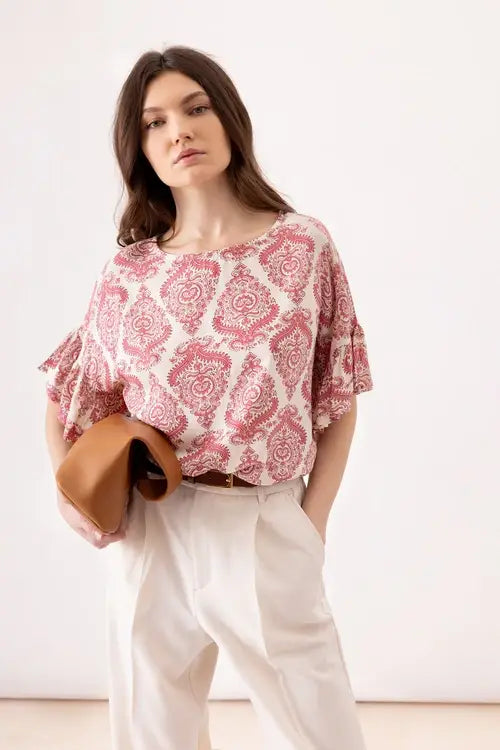 T-shirt estampada com folhos        (454247-188): M