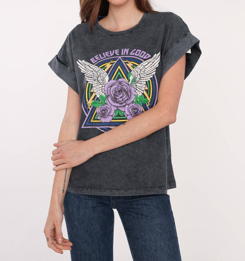 15131 T-shirt de algodão com estampa desbotada tamanho único  : Corada / Tamanho único